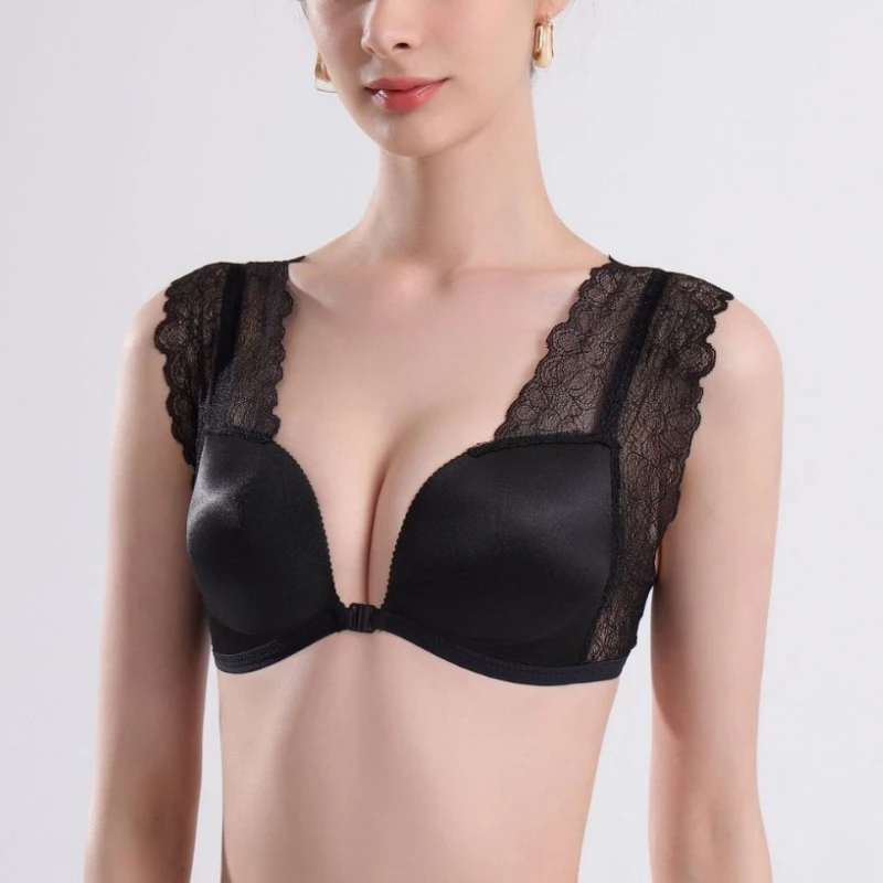 

Women Front Button Bra Camisole Underwear Black Lace Shoulder Strap Breathable V Neck Gather Up Soft Comfortabl