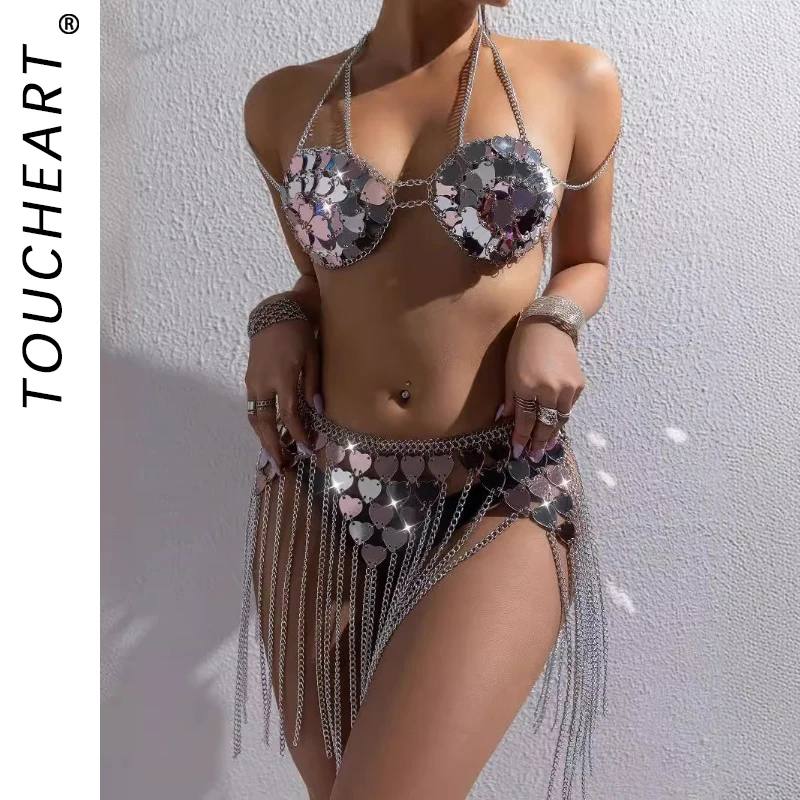 

Sexy Underwear Set Love Acrylic Spliced Tassel Chain Contrast Color Bikini Bra Chain Skirt Set For Women Hollow Out Underwear