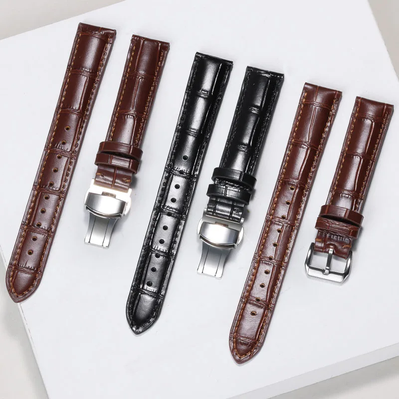 18mm Smooth Leather Strap with Solid Butterfly Buckle Business Watch Band Pin Buckle Universal Replacement Watch Accessories