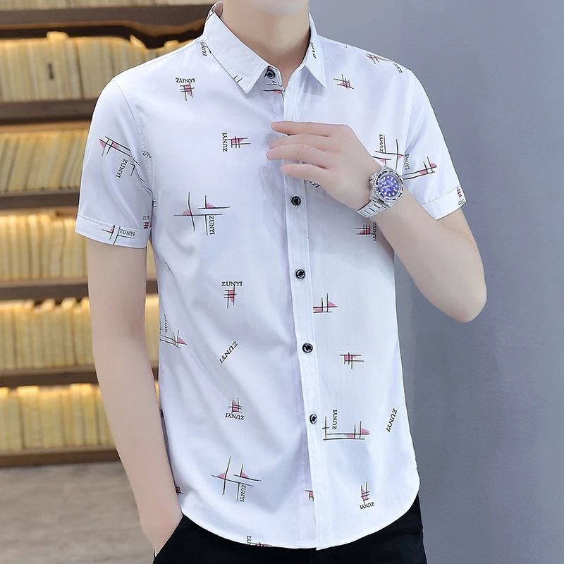 

2026 Summer New Style Men's Youth Printed Short-Sleeved Casual Shirt - Korean Edition Slim Fit