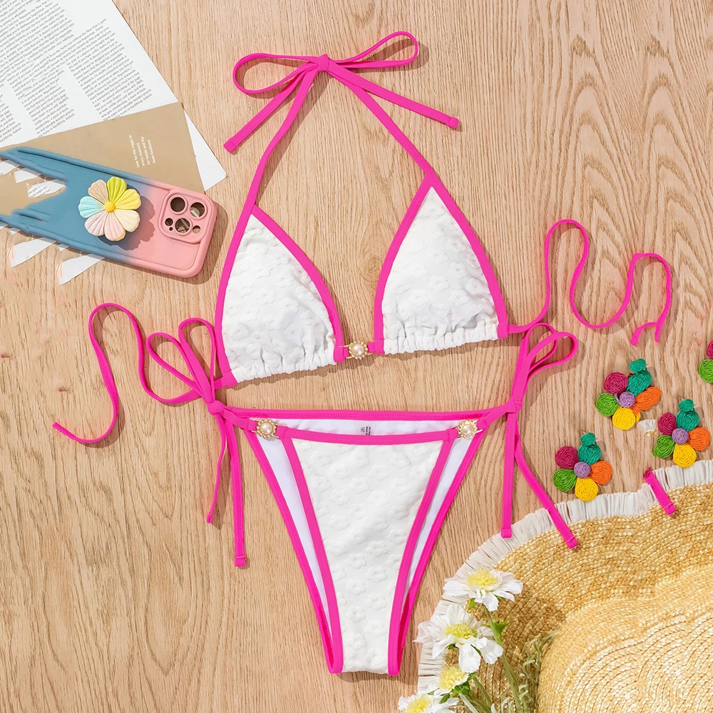 

White Flower Emboss Swimwear Halter String Triangle Bikini Micro Mini Thong Sexy Swimsuit Woman 2025 Bathing Suit Bikinis Sets