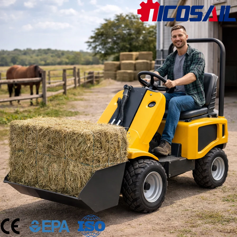 

Компактный трехколесный мини-погрузчик с бортовым поворотом, сертифицированный по стандарту Euro 5 CE, с навесным оборудованием для различных рабочих площадок