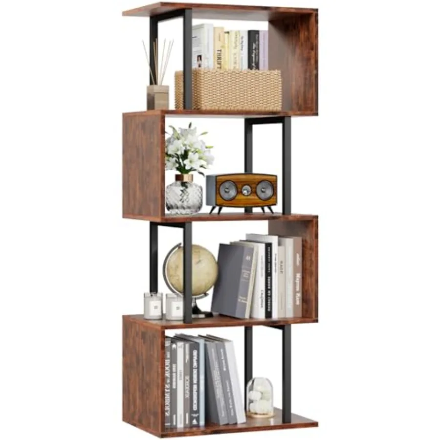 

5 Tier S Shaped Geometric Bookshelf Narrow Freestanding Display Shelves Modern Wood Decorative Storage Rack in Rustic Brown for
