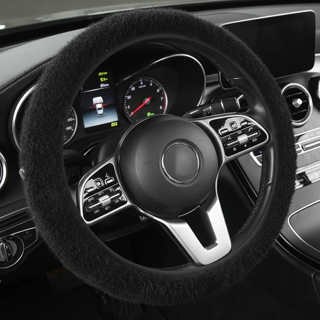 Winter Plush Steering Wheel Cover Universal Anti-Slip Full Surrounding Protection Size 15-16 Inch for Cars 1PC