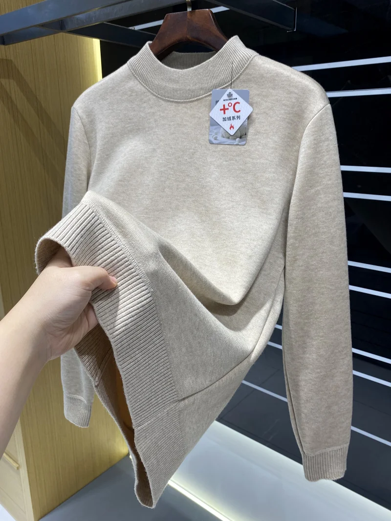 

Fce Lined Knitted Sweater Casual Sle Mixed Fiber down Silk Wool Blend Men's Faionable Winter f High Collar Sweater