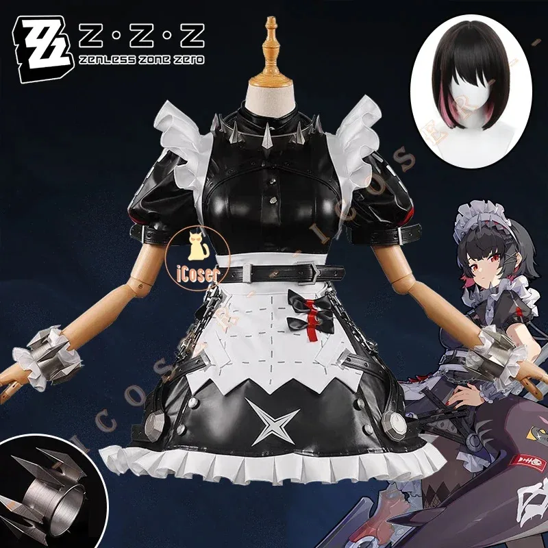 25COSZenless Zone Zero Ellen Joe Cosplay disfraz peluca vestido de sirvienta pendientes cola inflable Victoria limpieza fiesta de Halloween W