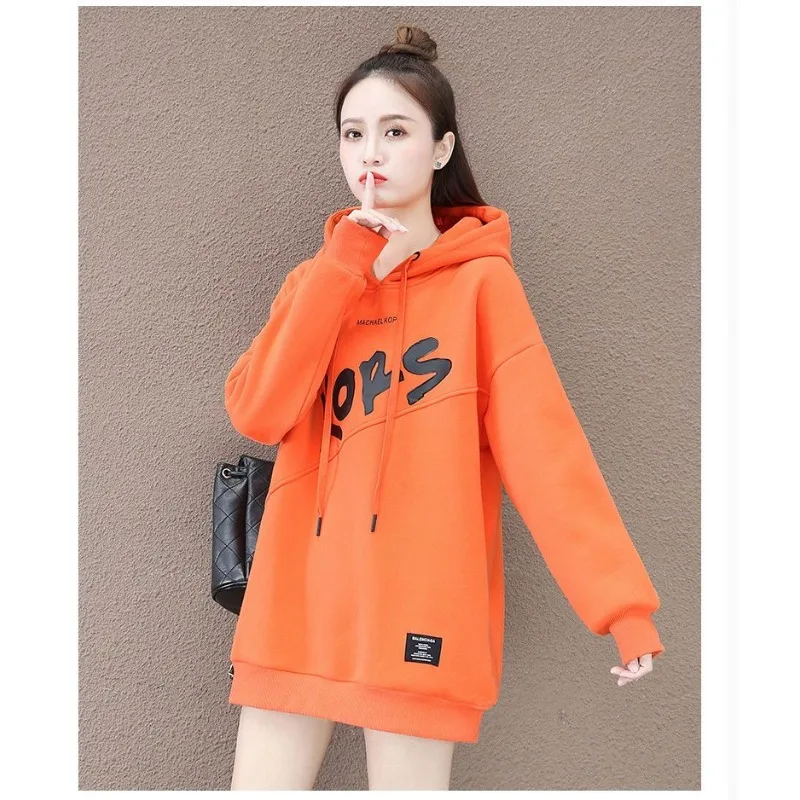 Autumn and Winter Letter Printed Hooded Mid-length Velvet Thickened Sweatshirt for Women Loose Top