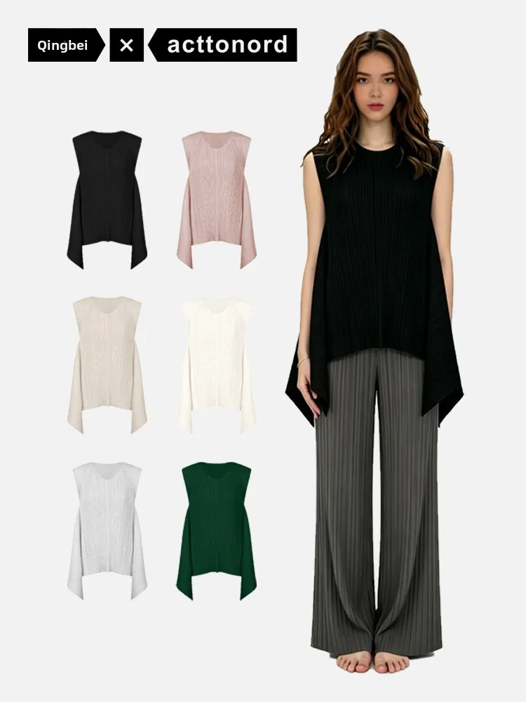 

Qingbei Women's Loose Fit Sleeveless Vest H-Shape Outerwear Design Sensation Bug Series Luxury Versatile Pleated JK511