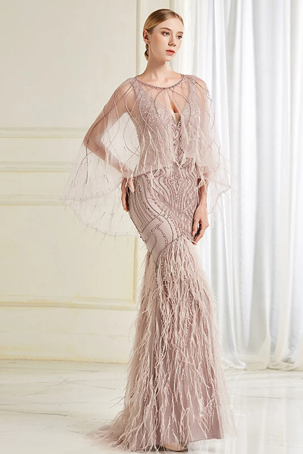 Robe De Soiree Caramel Mermaid Beaded Evening Dresses For Wedding Party Luxury Crystal Feather Elegant With Cape Formal Gowns