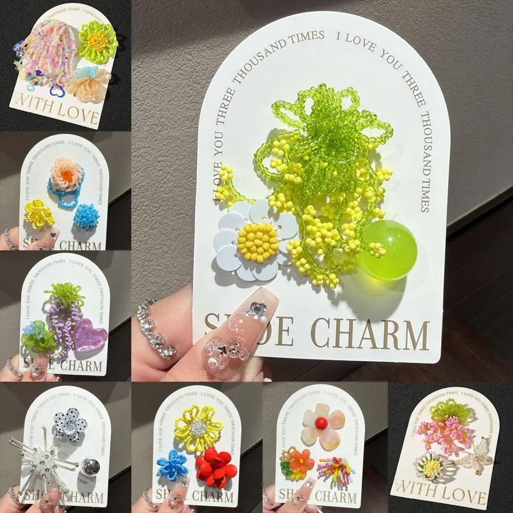3pcs/set Flower Bead Chain Crystal Shoe Charms Tassel Pearl Sparkling Jelly Flower Charm Korean Style Handmade Jelly Shoes Charm