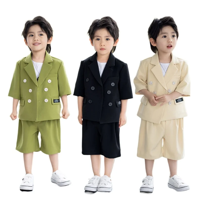 

Summer Suit for Boys Suit Short-sleeved Shorts Blazer Birthday Set School Kids Casual Performance Costume Handsome Host Gown 8 Y