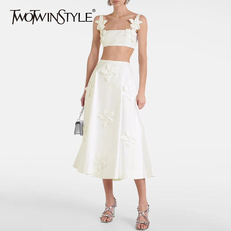 TWOTWINSTYLE Patchwork Appliques Two Piece Set For Women Square Collar Sleeveless Top High Waist Skirt Chic Sets Female Style