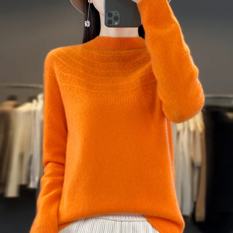 

Soft waxy 100% pure wool sweater women's new knit top hollow cashmere sweater loose and slim outside.