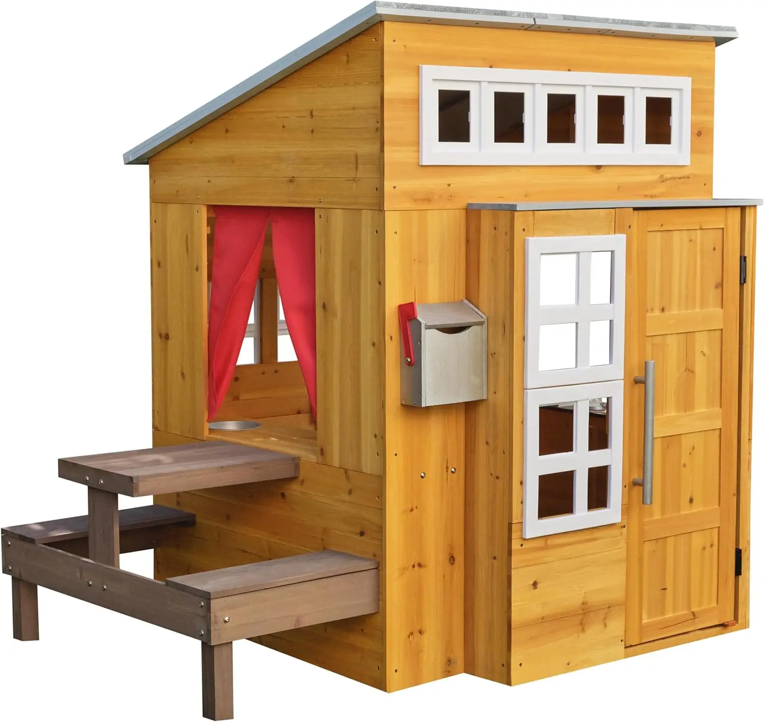 Outdoor Wooden Playhouse with Picnic Table, Mailbox and Outdoor Grill ,Gift for Ages 3+