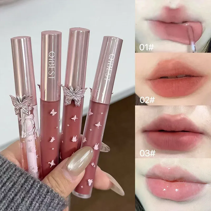 Il nuovo kit per il trucco delle labbra di colore morbido QIBEST con piume e farfalle include 3 rossetti liquidi opachi e 1 set di cosmetici per l'olio per labbra con collana