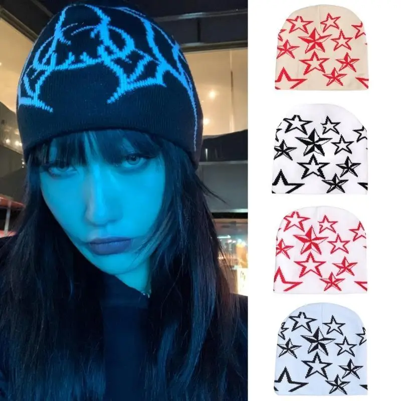 

652F Popular Star Jacquard Beanie Hat for Female Y2K Girl Winter Autumn Hat Cool Girls Crochet Hat Soft Breathable Skull Cap