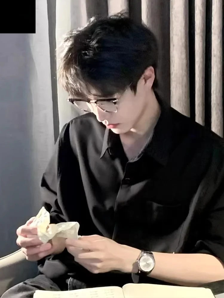 

Black Long Sleeve Shirt Cleanfit Premium Feel Inner Wear Jacket for Men Youth Trendy Summer Thin Fabric Sharp Collar Color