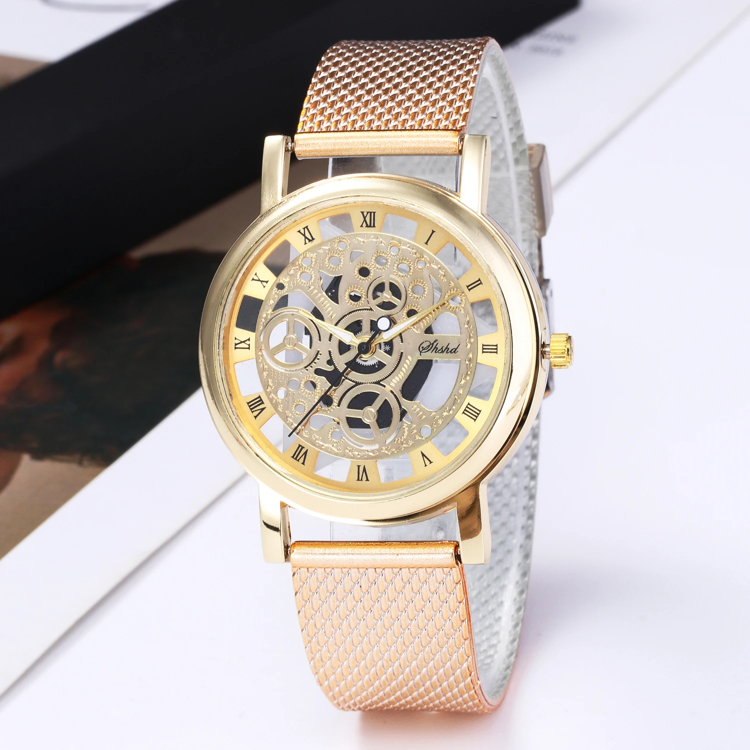 WOKAI high quality casual men\'s fashion quartz hollowed-out business watch Student boy silicone mesh strap clock retro