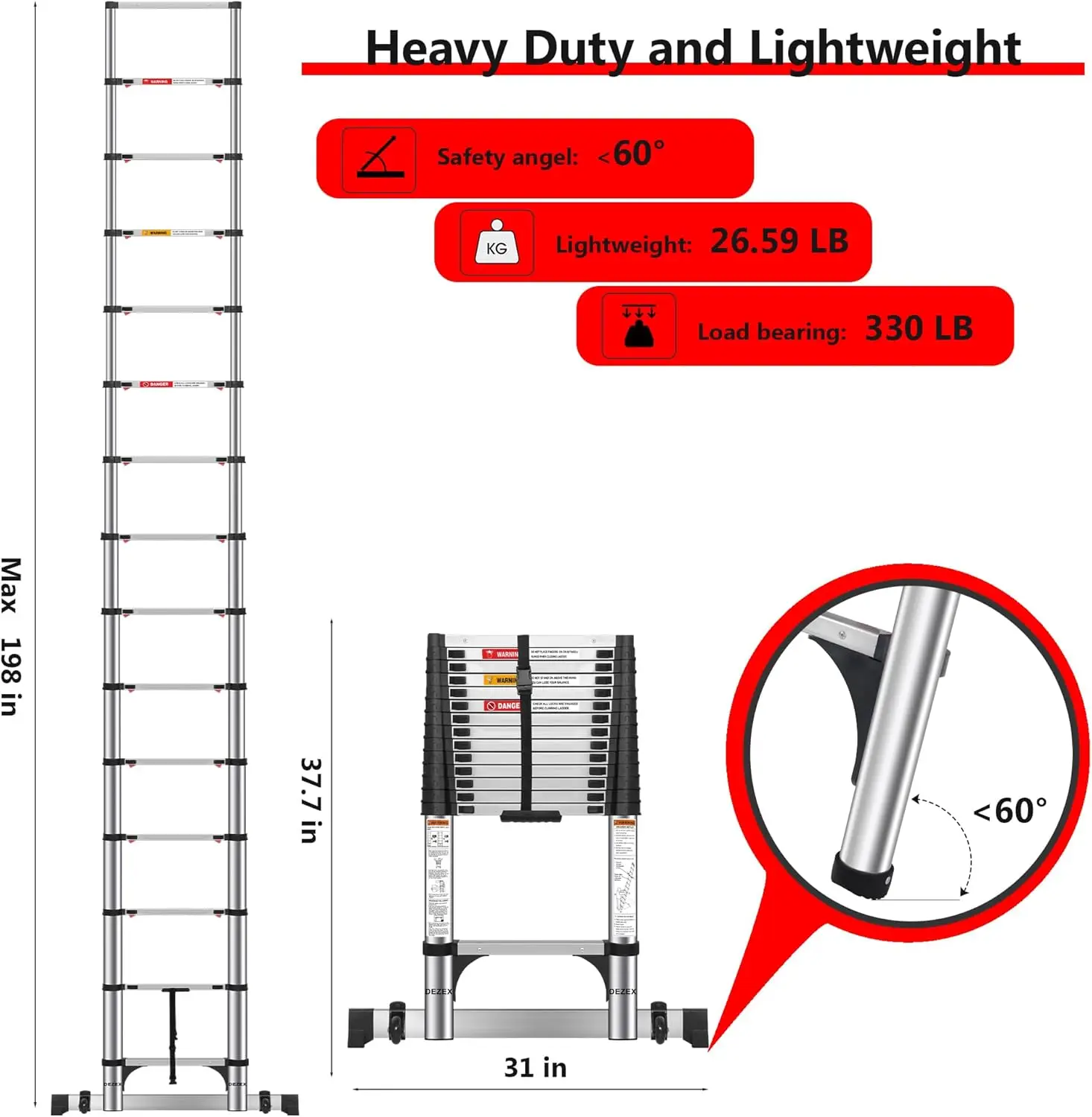 Stainless Steel Telescopic Ladder - Multi-Button Retraction Collapsible Ladder for Home,RV,Loft, Lasts 375 LBS with 2 Triangle S