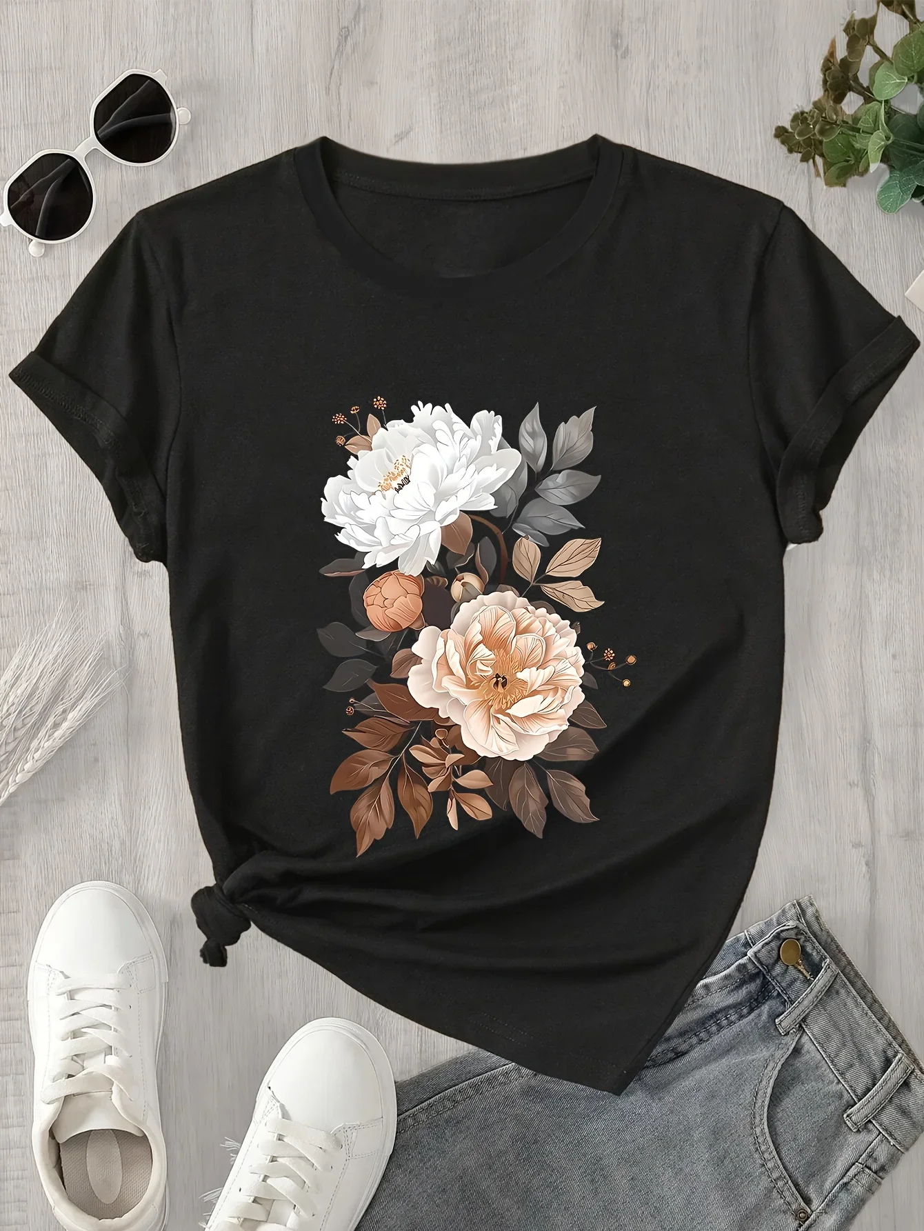 

Round Plus Size Washable Spring Summer Versatile Ladies T Shirts Women's Floral Sleeve with White & Peach Flowers Casual