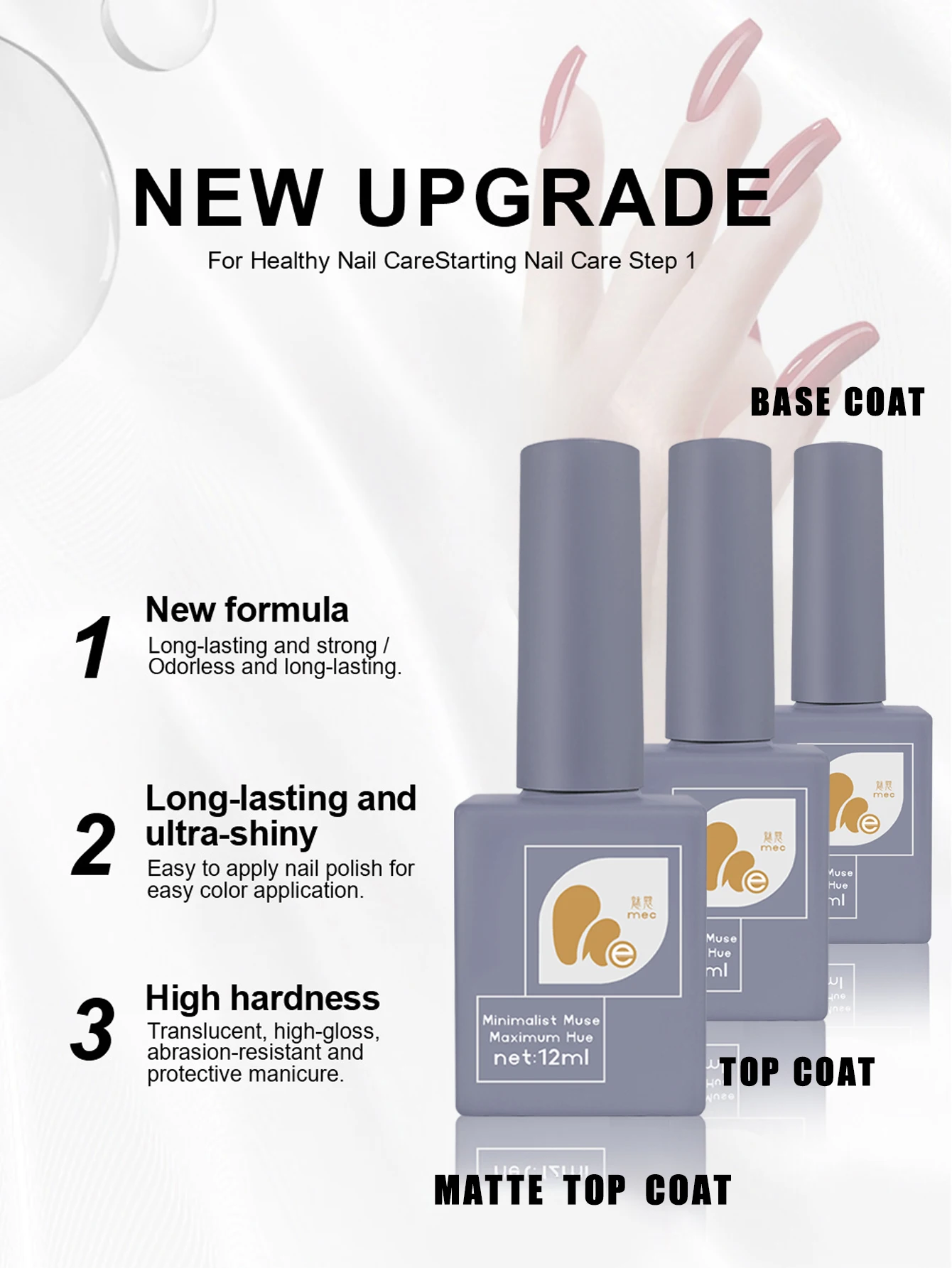 MEC 12ML Soak Off Top Coat Base Coat y Kit de capa superior mate Acabado brillante y largo para uñas Art Manicura Diseño Suministros