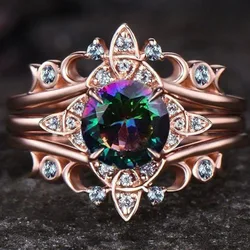 European and American Ins new claw inlaid rainbow crystal three piece set women's ring