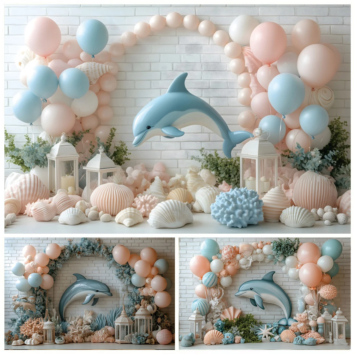 

Newborn Baby Birthday Party Photography Backdrop Underwater World Dolphin Starfish Shell Arch Balloons Baby Shower Background