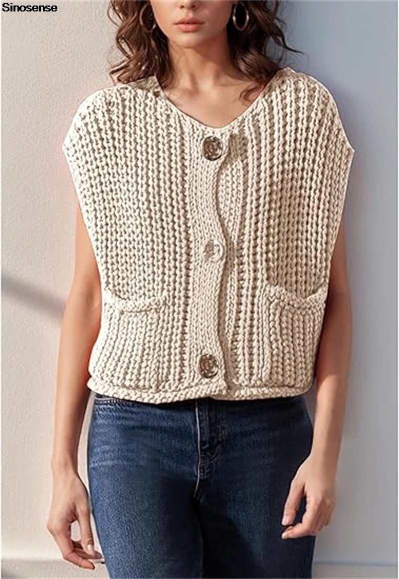 Women Chunky Knit Vest Gold Button Down Sleeveless Sweater Vest Casual Daily Wear Going Out Street Travel Crop Crochet Knit Vest