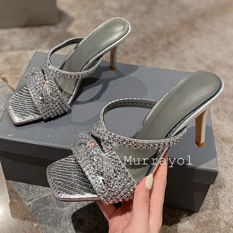 بريق حجر الراين ديكور رقيقة الكعوب النعال النساء ساحة تو المفتوحة تو صندل كعب عالٍ فستان صيفي أحذية أحذية الزفاف #2