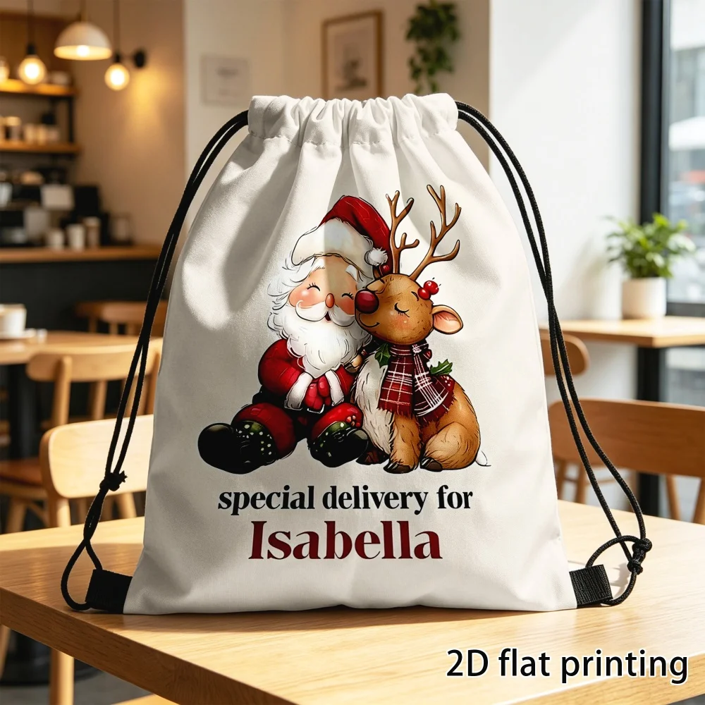 1Pc Christmas Custom Name/Text Drawstring Closure Backpack, Santa Claus Reindeer Design Gift Storage Pouch, Xmas Party Candy Bag