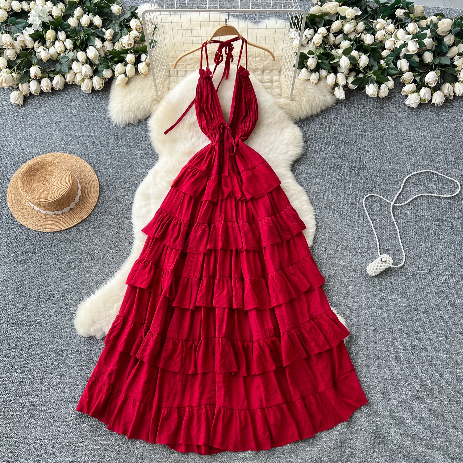 Chic vintage scollo a V a strati solido sottile Elegante fata moda coreana Boho vestito estivo abbigliamento donna Abito lungo