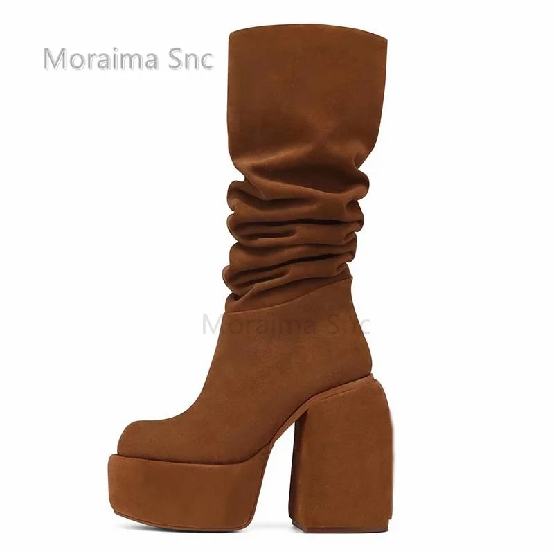 Platform Chunky Heels Suede Boots for Women Round Toe Slip On High Heels Knee High Boots Brown Black Coffee Long Women's Shoes