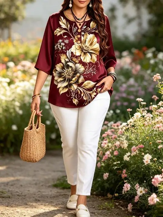Women Retro Golden Large Floral Print Top, Notch V‑Neck Half‑Button 3/4 Sleeve Loose Casual Daily Top