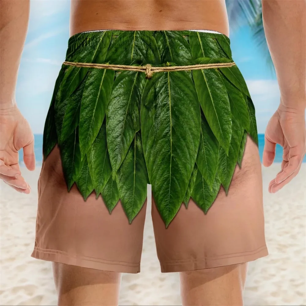 Men Tropical Ti Leaf Print Beach Shorts Hawaiian Grass Skirt Pattern Board Shorts Quick Dry Drawstring Swim Trunks Summer Surf