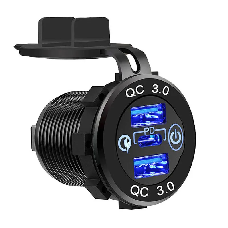 12V/24V Triple USB C Car Charger Socket USB Outlets PD & 18W QC3.0 Aluminum Metal Car Socket Adapter with Touch Switch