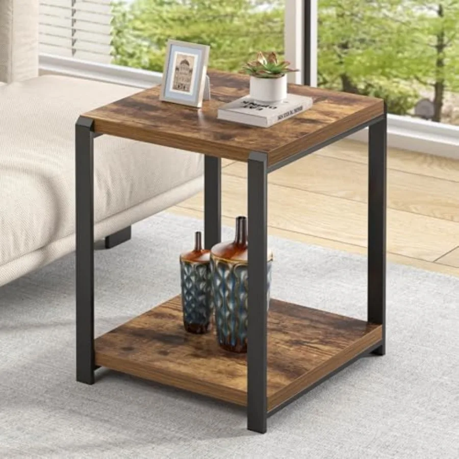 

EXCEFUR End Table with Storage Shelf Modern Side Table for Living Room Wood and Metal Bedside Table Nightstand Rustic Brown