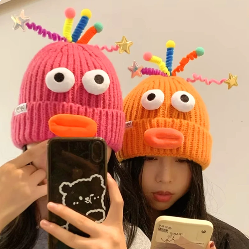 New Cute Cartoon Big Eyes Lips Beanies Cap for Women Korean Funny Knitted Hat Candy Color Y2k Winter Warm Cold Skullies Hat