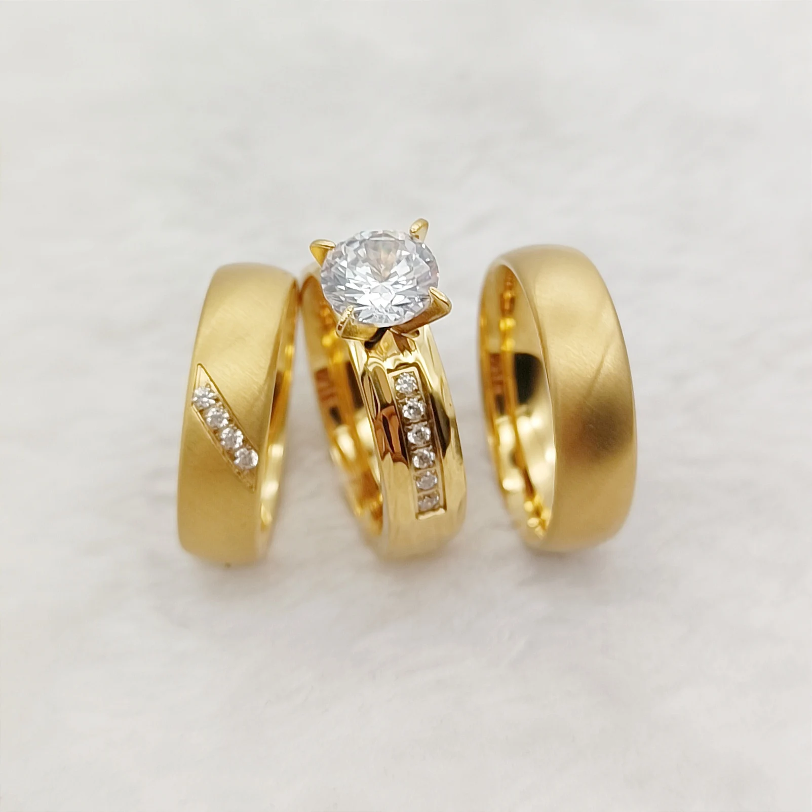 His and Hers 24k Gold Plated Dubai Couples Wedding Rings Jewelry Women Ladies 3pcs Bridal Sets Men's Stainless Steel Jewelry