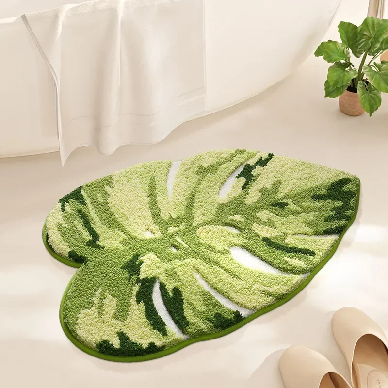 Leaf Shape Plush Bath Mat, Thickened Fiber Water-absorbent Foot Mat, TPR Strong Anti-slip Bathroom Rug for Bedside Area