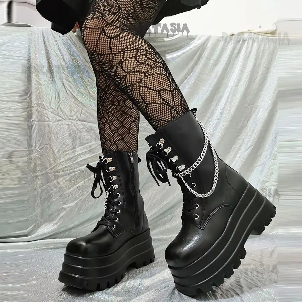 Punk Cool Girl Retro Women Boots High Heeled Thick Bottom Chain Goth Ankle Boots Casual Comfy Vintage Winter Shoes For Woman