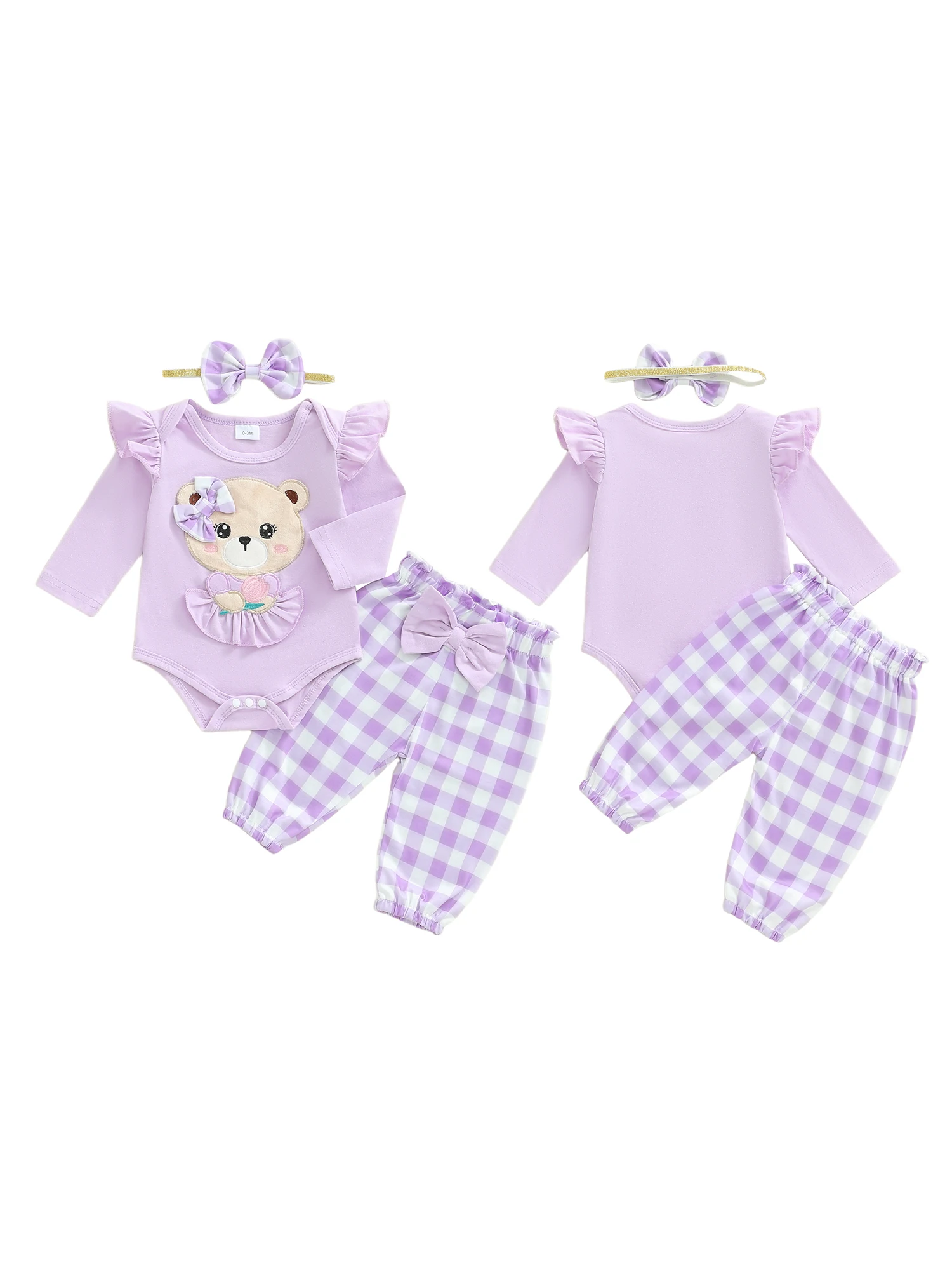 Infant Girls 3-Piece Outfit with Long Sleeve O Neck Romper Pants and Headband Featuring Letter Embroidery