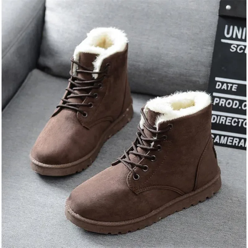 2024 Women Winter Snow Boots Warm Flat Plus Size Platform Lace Up Ladies Women\'s Shoes New Flock Fur Suede Ankle Boots 35-43