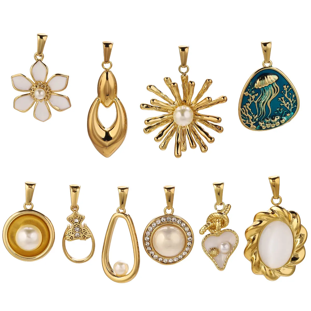 1Pcs 18K Gold Plated Stainless Steel Flower Charms Vintage Heart Mixed Pearl Pendants For DIY Necklace Jewelry Accessories Gift view 5