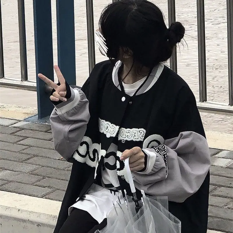 Vintage Graphic Baseball Jacket Women Hip Hop Y2k Varsity Jackets Korean Style Harajuku Coat Oversize Hippie Streetwear