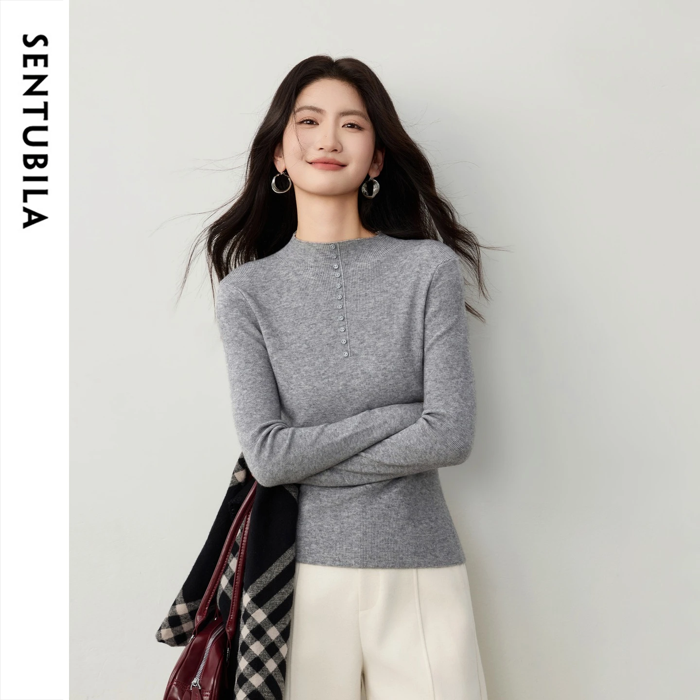 SENTUBILA Women Winter Knit Pullover Mock Neck 2026 Slim Casual Thick Sweater Mini Button Soft Commute Long Sleeve Top W64HA8901