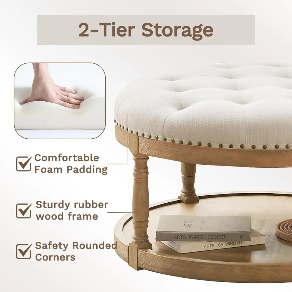 33 طاولة قهوة عثمانية مستديرة كبيرة مع مساحة تخزين، مسند قدم منجد من الكتان مع رف تخزين خشبي للمزرعة