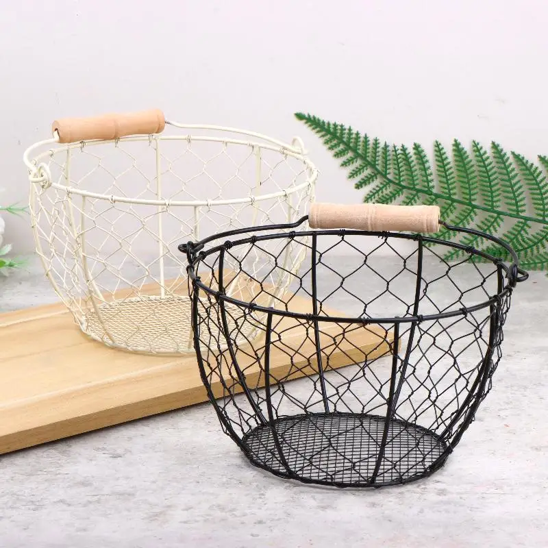 Egg Basket Round Metal Wire With Handle Multipurpose Food Storage Organizer Fruit Vegetable Holder