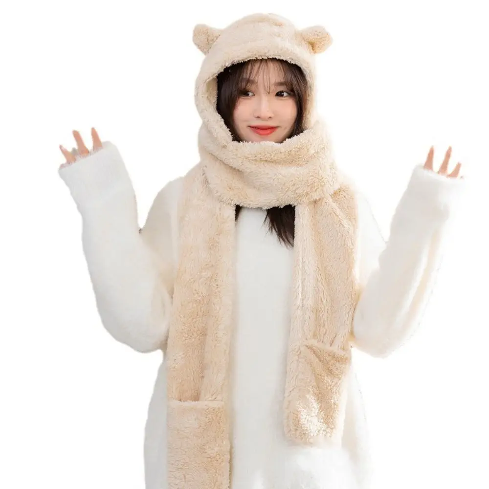 Zimowe czapki 3 w 1 Cute Bear Ear Hat Scarf Gloves Set Czapki damskie Ciepłe pluszowe czapki na szyję Casual Fleece Girls Beanies