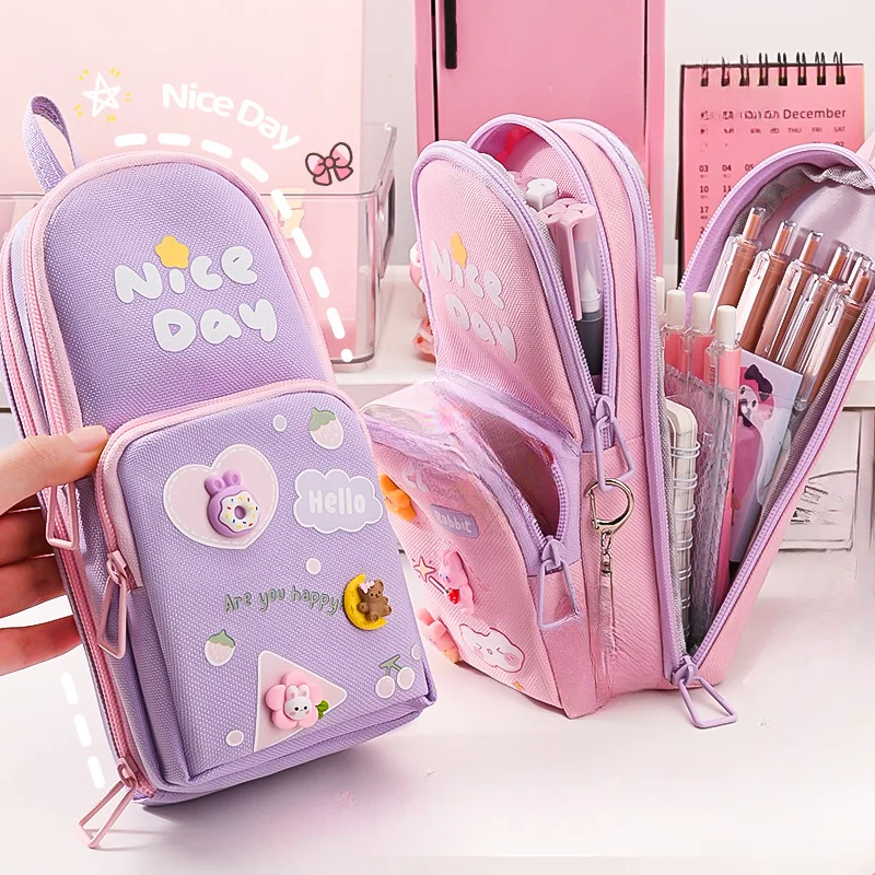 Three Layer Backpack Shape Pencil Case Large Capacity Cute Cartoon Simple for Girls School Students Stationery Supplies