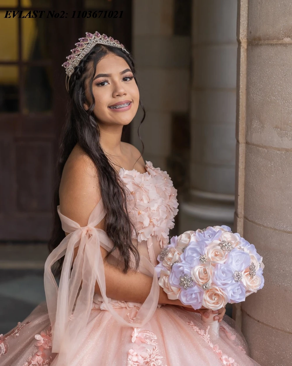 EVLAST disesuaikan bunga merah muda Quinceanera gaun bola gaun Glitter Applique manik-manik dasi korset manis 16 Vestidos De 15 Anos E2Q06